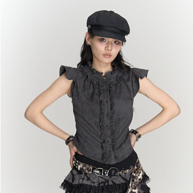 QWEEK Vintage Y2k kemeja lengan pendek wanita Grunge Jepang Gyaru blus kancing baju jalanan Gotik mode Harajuku musim panas