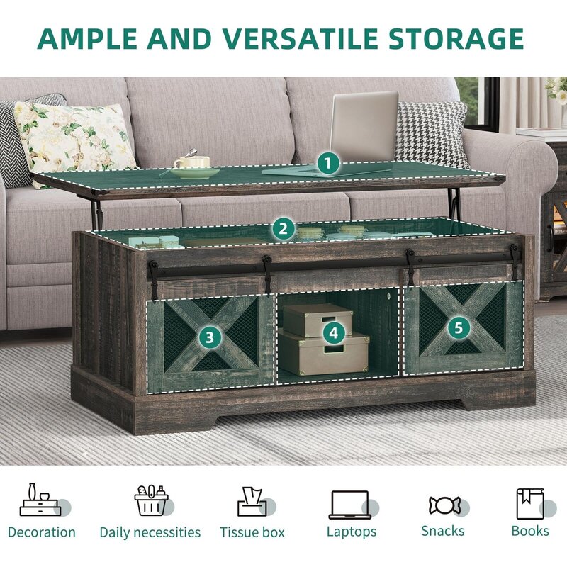 US  Farmhouse Lift Top Coffee Table with Storage & Sliding Barn Door Center Table