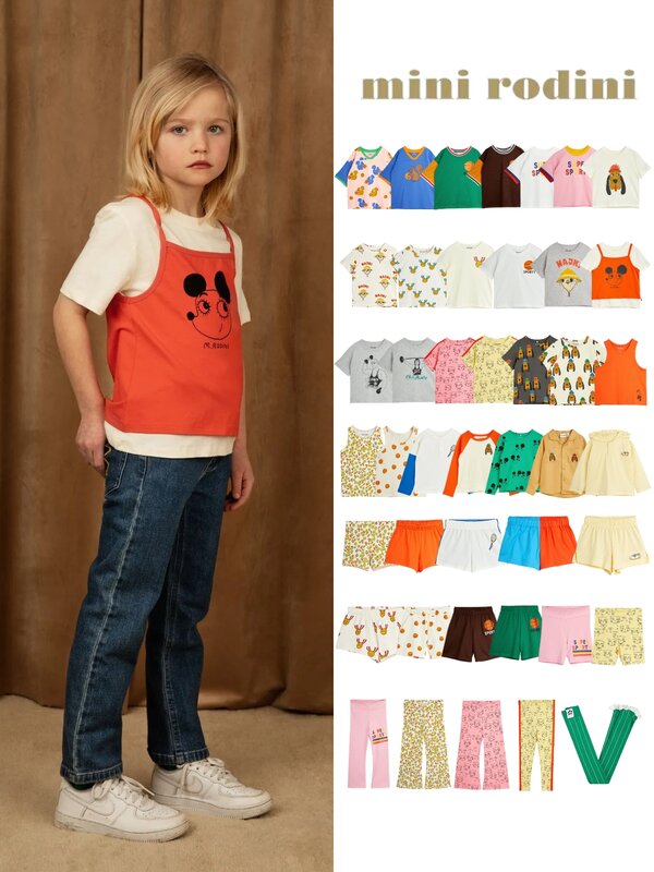 Swedish MINI RODINI-T-shirt e calções infantis adequados à pele, 24SS, calções de contraste nórdico, calças compridas, spot