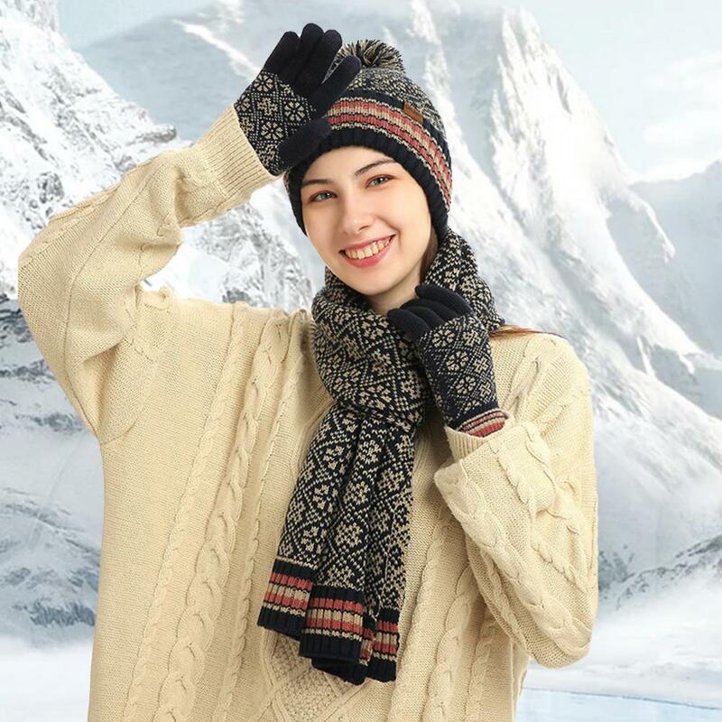 Ciepła czapka żakardowe rękawice szalikowe żakardowa dzianina czapka typu Beanie długi szalik zestaw rękawiczki do obsługiwania ekranów dotykowych z podszycie polarowe na zimę dla kobiet