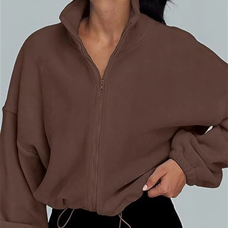 Sudadera con capucha de manga larga para mujer, sudadera de gran tamaño con cremallera de Color sólido, ropa de otoño corta, ropa de moda