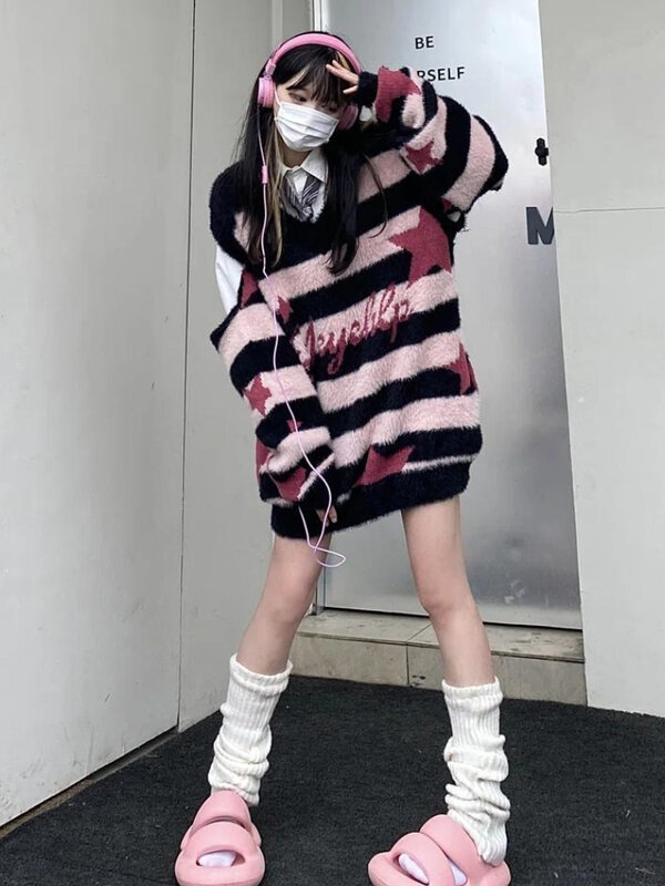 Deeptown Cyber Y2K Harajuku Star gestreiften Pullover Frauen Vintage Hip Hop übergroßen Strick pullover Grunge Casual Tops E-Girl 1920er Jahre