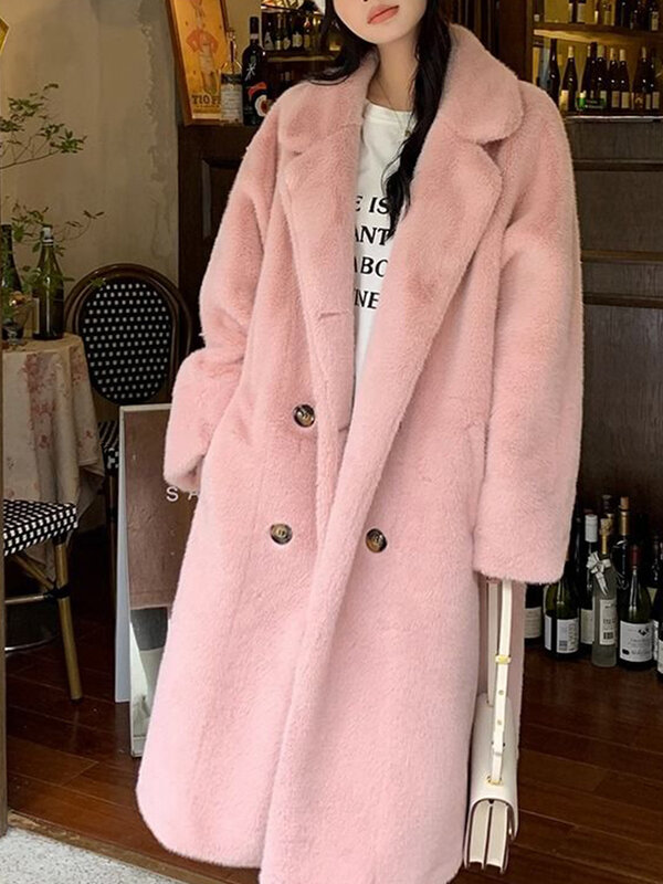 Mantel bulu palsu wanita, jaket panjang Korea hangat dipertebal musim dingin dengan kerah dua baris longgar kasual