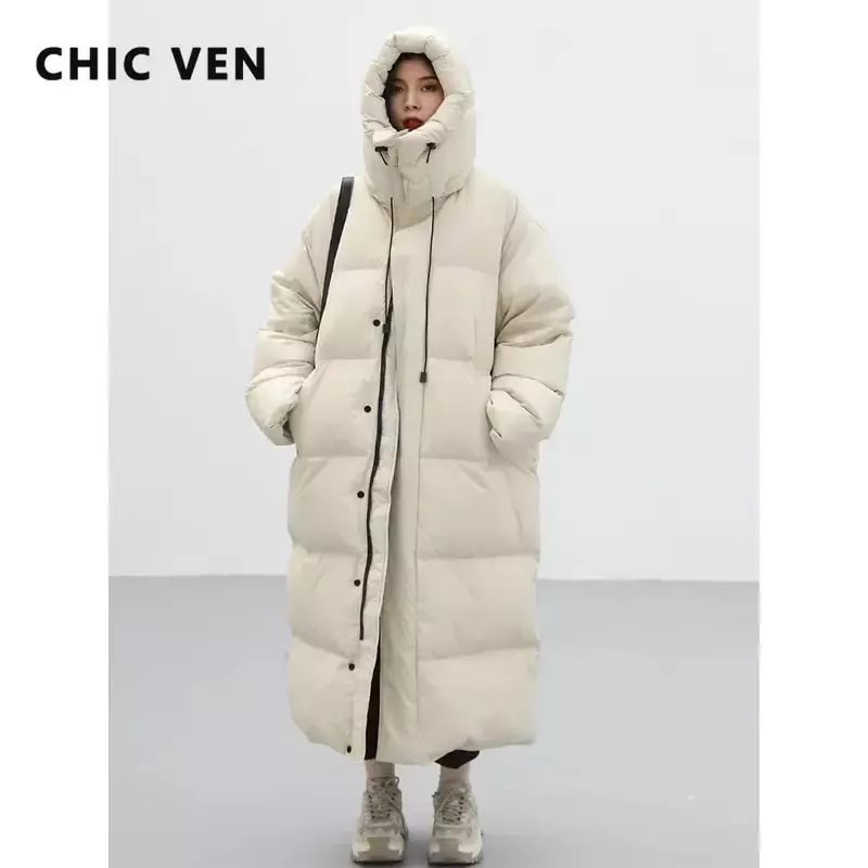 CHIC VEN 여성용 한국 루즈 후드 다운 코트, 두껍고 따뜻한 롱 다운 재킷, 여성용 겨울 코트, 파카 겉옷 2023