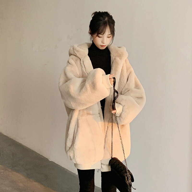 女性のためのイミテーションウサギの毛皮のコート、韓国のぬいぐるみルーズジャケット、厚いフード付きスウェットシャツ、女性、学生、新しい、冬、2024のための暖かいオーバーコート