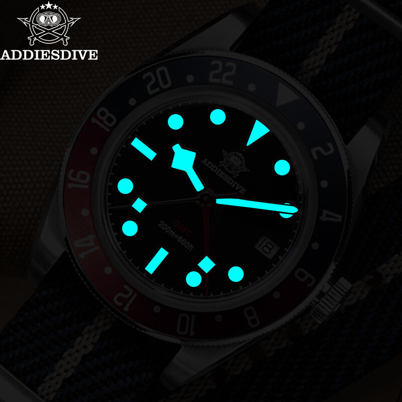 Addiesdive 39mm นาฬิกาควอทซ์สีฟ้าส่องสว่างมาก BGW9 cermin kaca ฟองเรืองแสงสุด20Bar GMT นาฬิกาแฟชั่นของผู้ชาย