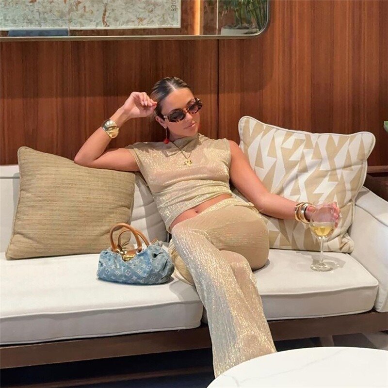 Сексуальный прозрачный женский летний однотонный короткий топ с косым воротником и оборками, прямые брюки, полуночная Клубная одежда, 2024