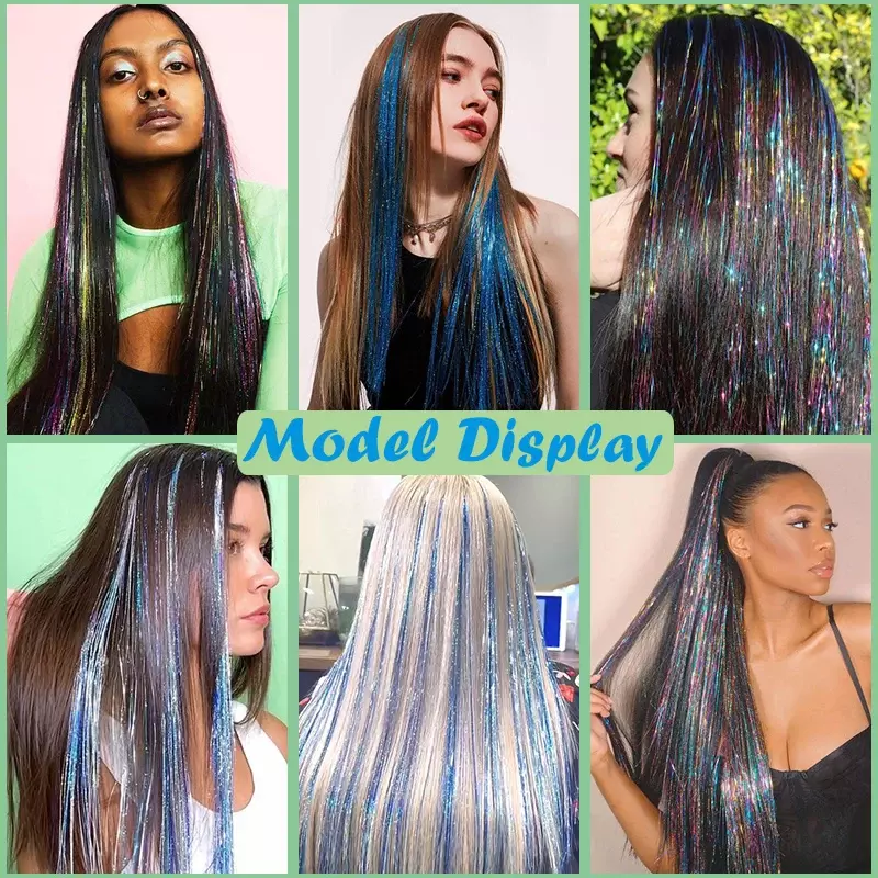 Extensões de cabelo de seda brilhantes para mulheres, ouropel, fios, brilho, arco-íris, brilhos, hippie, tranças, tocar, sintético, 93cm