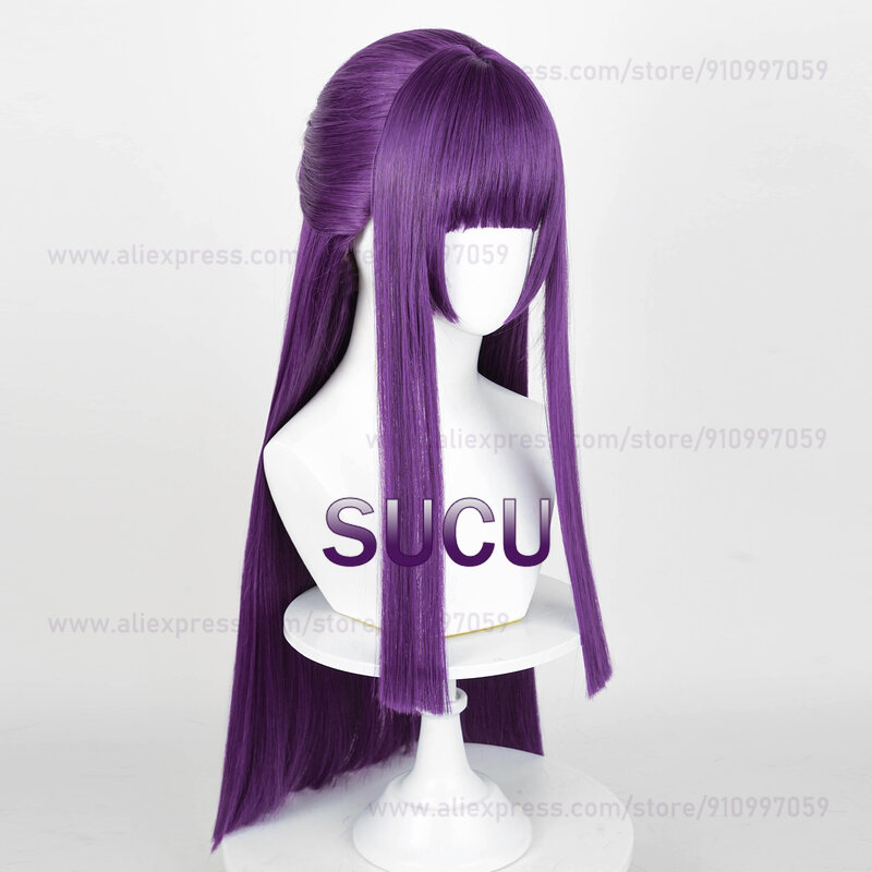 Peruka do Cosplay paproci Anime 80cm fioletowe proste włosy Halloween żaroodporne peruki syntetyczne + czapka z peruką
