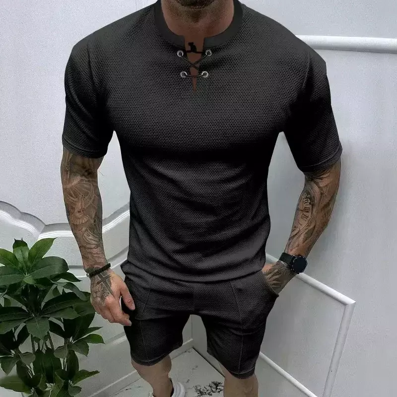 T-shirt court décontracté pour homme, haut gaufré, short moulant, coupe couvertes, sports d'été