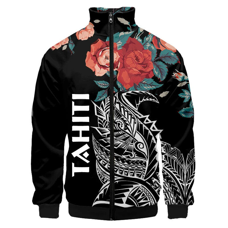 타히티 폴리네시아 남성용 하이넥 3D 재킷, 하와이안 스타일 후드, 야구 재킷, 개성 코트, 빈티지 의류, 2024 용수철