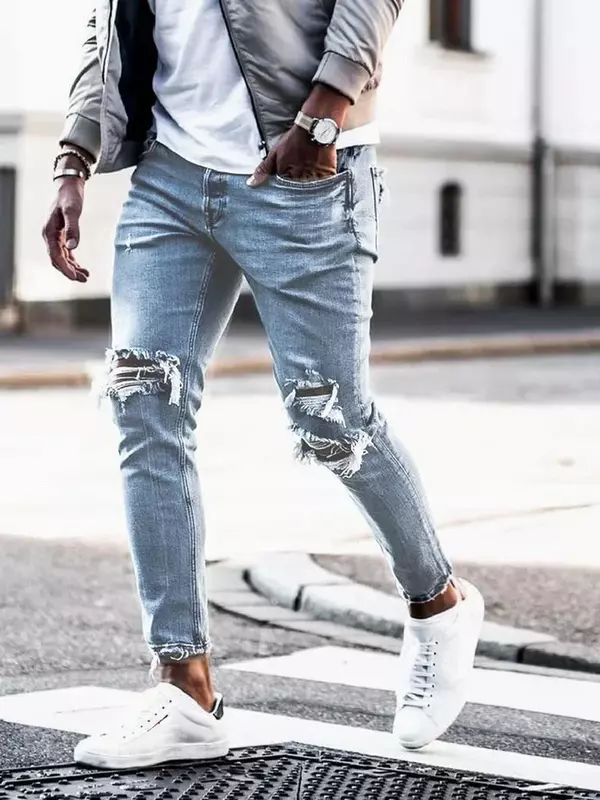 กางเกงยีนส์สำหรับผู้ชายกางเกงยีนส์ยาวถึงข้อเท้ามีซิปสีพื้นมีกระเป๋าสำหรับนักขี่มอเตอร์ไซค์