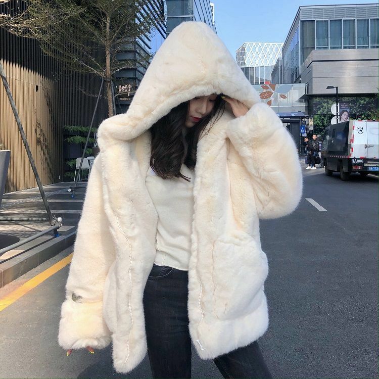韓国の厚手のミンクのベルベットコート,女性の冬の服,新しいバージョンのウサギの毛皮のような豪華なフード付きの毛皮のコート