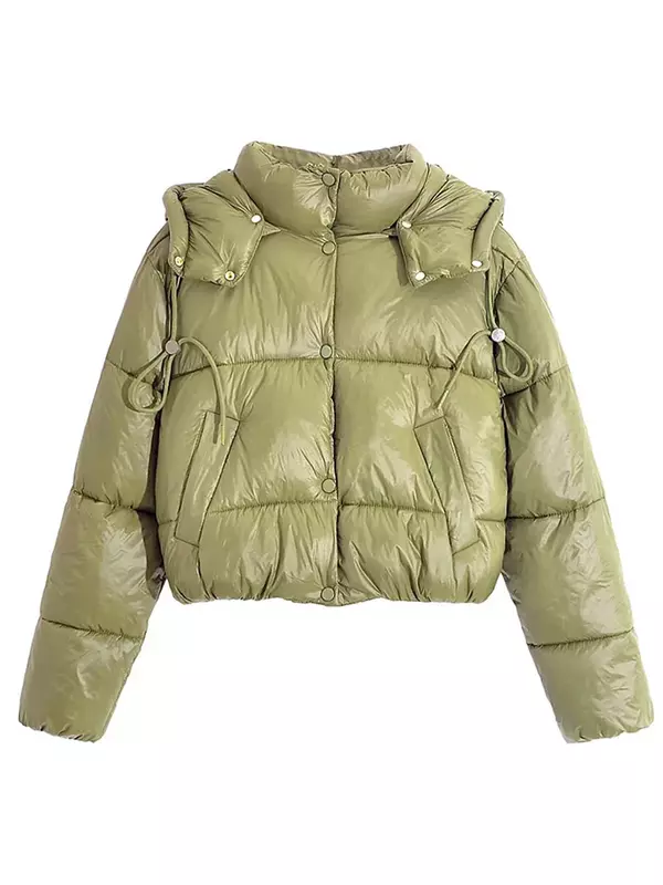 Jaqueta de peito único acolchoada em algodão para mulheres, boné de stand, manga comprida, bolsos, jaquetas femininas, casaco outono e inverno, 2023