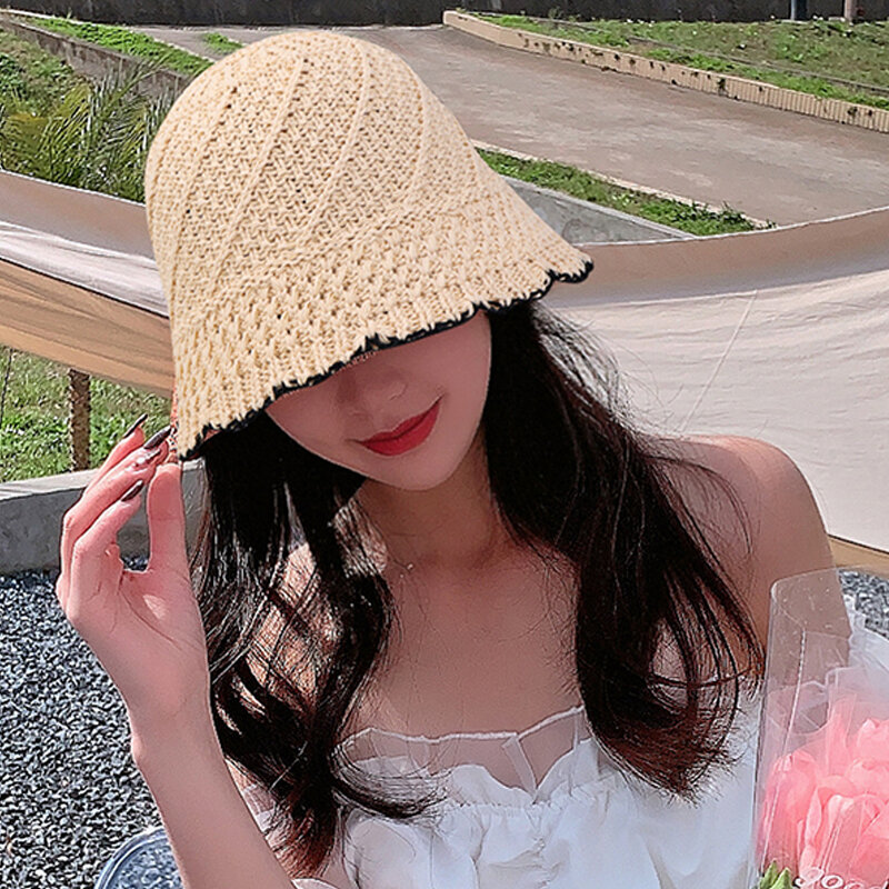 Topi rajut Bucket berlubang topi pantai wanita musim panas topi Basin dapat dilipat topi nelayan dengan tepi topi pelindung matahari
