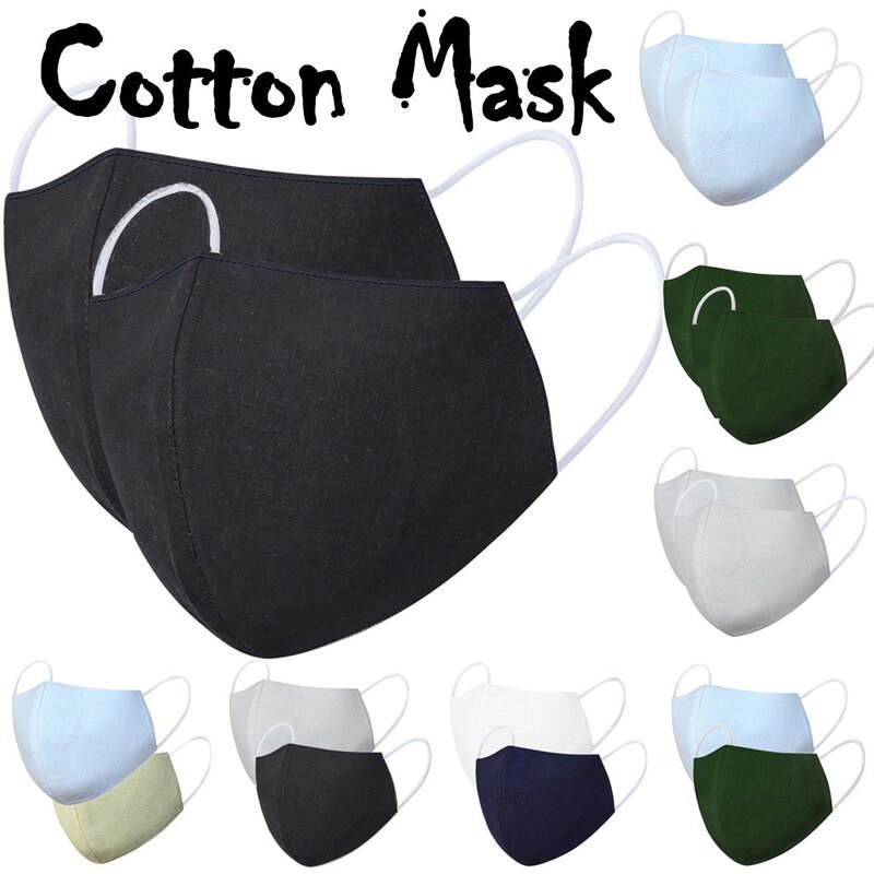 Máscaras protetoras de algodão laváveis e reutilizáveis para adultos, monocromáticas, respiráveis, confortáveis, ao ar livre, máscara com várias cores, 2 peças