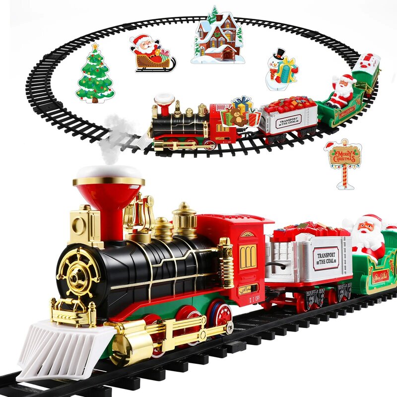 Electric Christmas Train Model, Railway Tracks Toy, Sound and Light, Powered for Kids, Birthday Party Gift