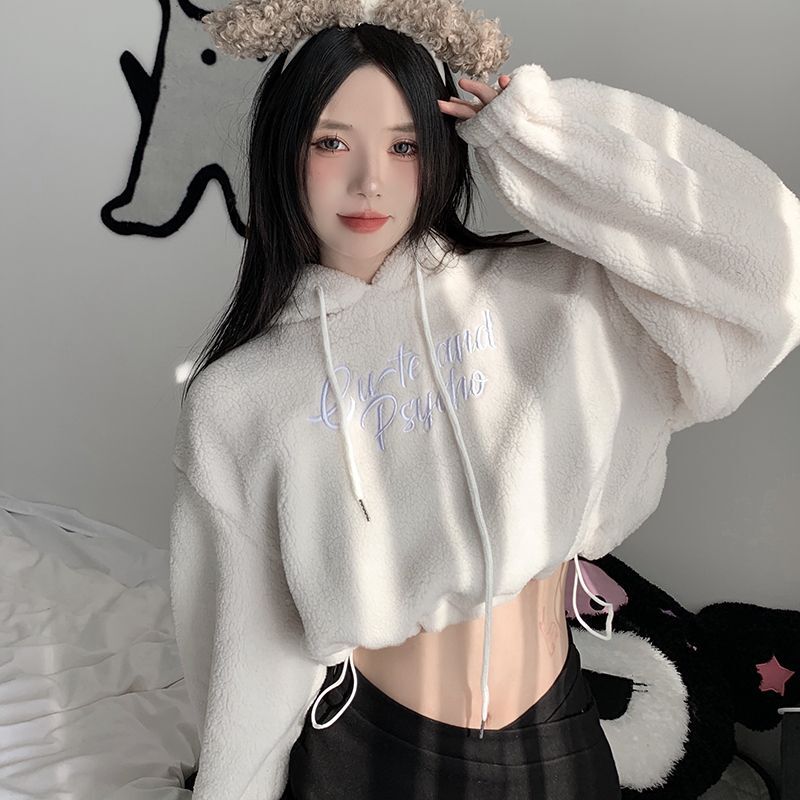 Letter Embroidered Drawstring Imitation Lamb Wool Long Sleeve Hooded Jumper With Loose Casual Blouses Women Autumn Winter New