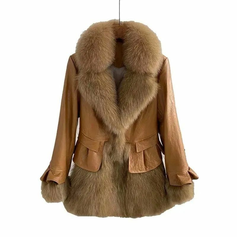Mantel kulit imitasi wanita, mantel kulit tiruan bulu rubah imitasi di musim dingin 2023, mantel bulu muda