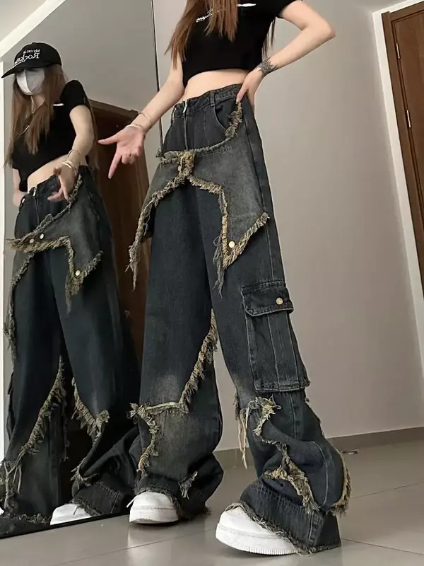 Kleine Straße Design Sinn amerikanische Retro Vibe Stil High Street Jeans Frauen lose breite Beine trend ige Marke Hosen Frühling/Sommer