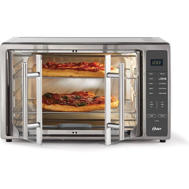 Forno de fritadeira a ar em aço inoxidável, torradeira de bancada 10-em-1, XL se encaixa 2, 16 "Pizza, Portas francesas