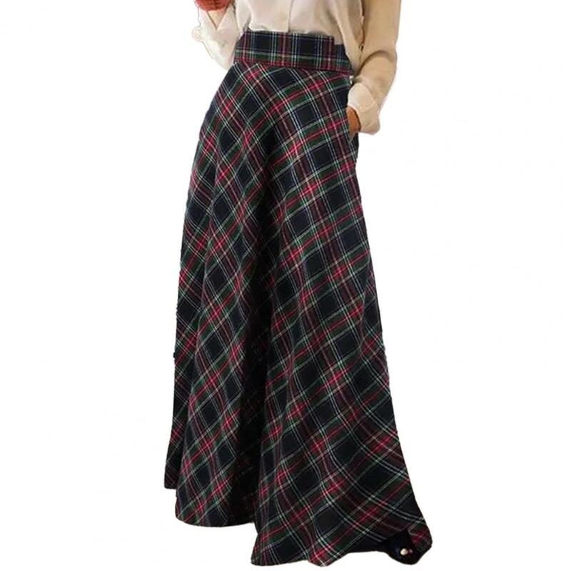 High-waisted Skirt Plaid Print High Waist Maxi Skirt for Women Oversized A-line Check Skirt with Hem Casual Spring Floor Length