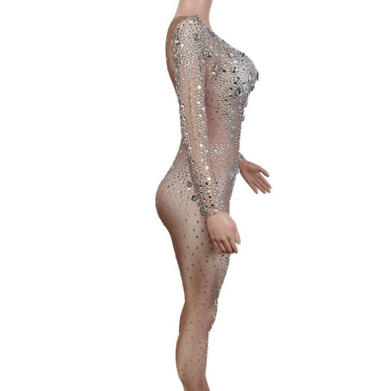 คริสตัล Pole Dancing Nude Spandex Unitard ผู้หญิง Jumpsuits ตะกั่ว Dance ผู้หญิงแฟชั่นแน่นวันเกิดพรรค Rompers