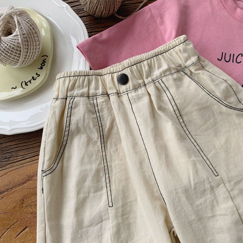 Pantalones cortos rectos de algodón puro para niños, pantalón medio de alambre abierto, informal, hasta la rodilla, combina con todo, novedad de verano