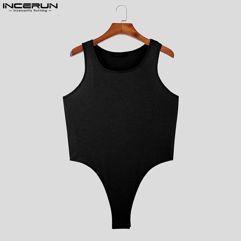 INCERUN 2023 Sexy Stylish New Men's Bodysuits Tight O-Neck Solid Rompers Casual Comfortable Striped Hollow Out Jumpsuits S-5XL