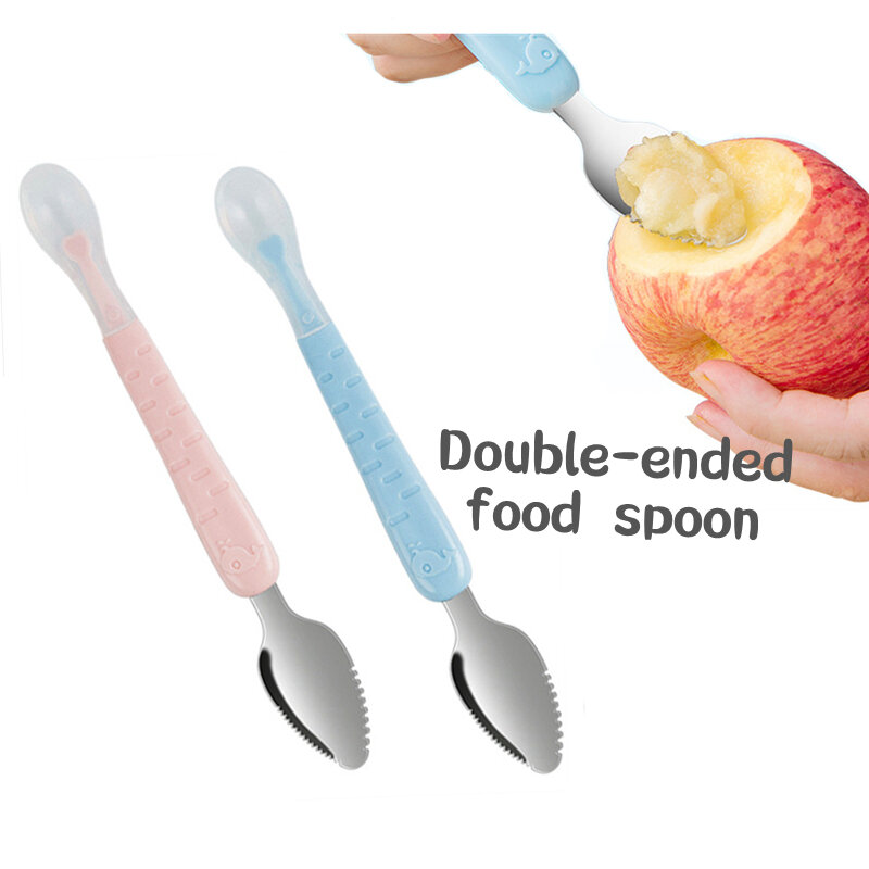 Baby Double Head Silicone Stainless Steel Children Utensil Toddler Infant Food Eating Fruit Scraping Mud Spoon Feeding Tableware