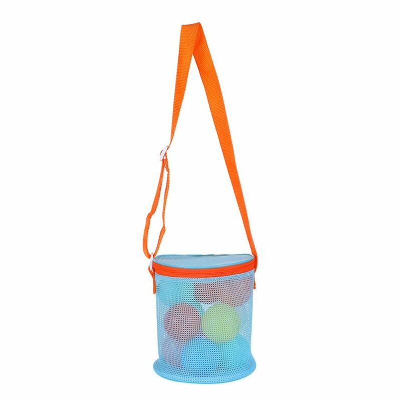 Net Outdoor Beach Mesh Bag Mesh Pool Bag Adjustable Shoulder Strap Zipper Round Bucket Mesh Beach Bag Swim Sand Toys