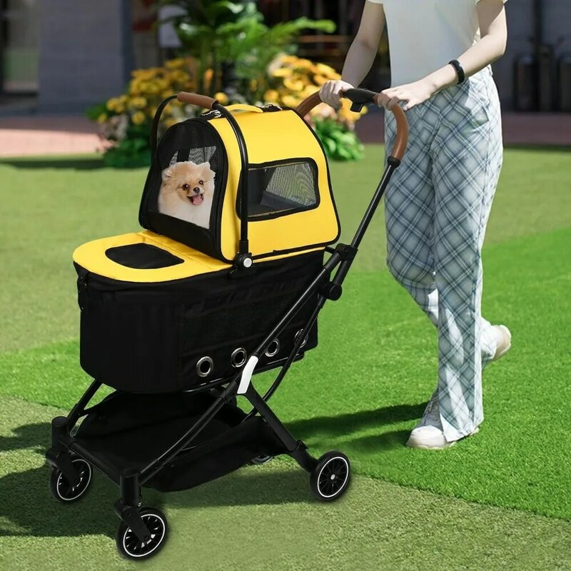 Two person pet stroller with 4 detachable wheels, capable of disassembling 2 dogs for outdoor walks, and able to lock 2 cats
