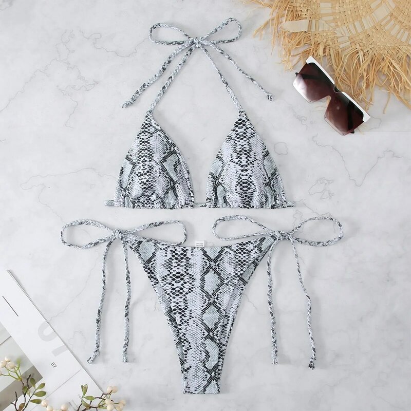 Women's Printed Split Bikini Set Sexy Halterneck Lace-up Tops Bra With Suspender Side Tie Briefs Set Beach Vacation Bikini Set
