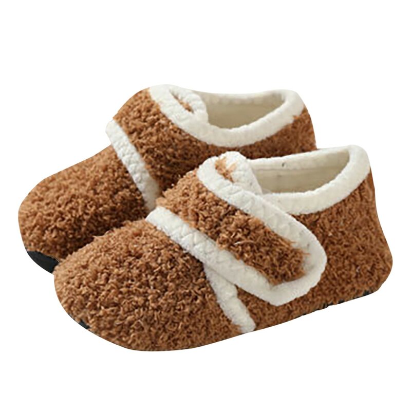 Детские хлопковые тапочки, однотонная теплая зимняя домашняя обувь для мальчиков и девочек, плюшевая обувь для пола, мягкая подошва, нескользящая хлопковая обувь