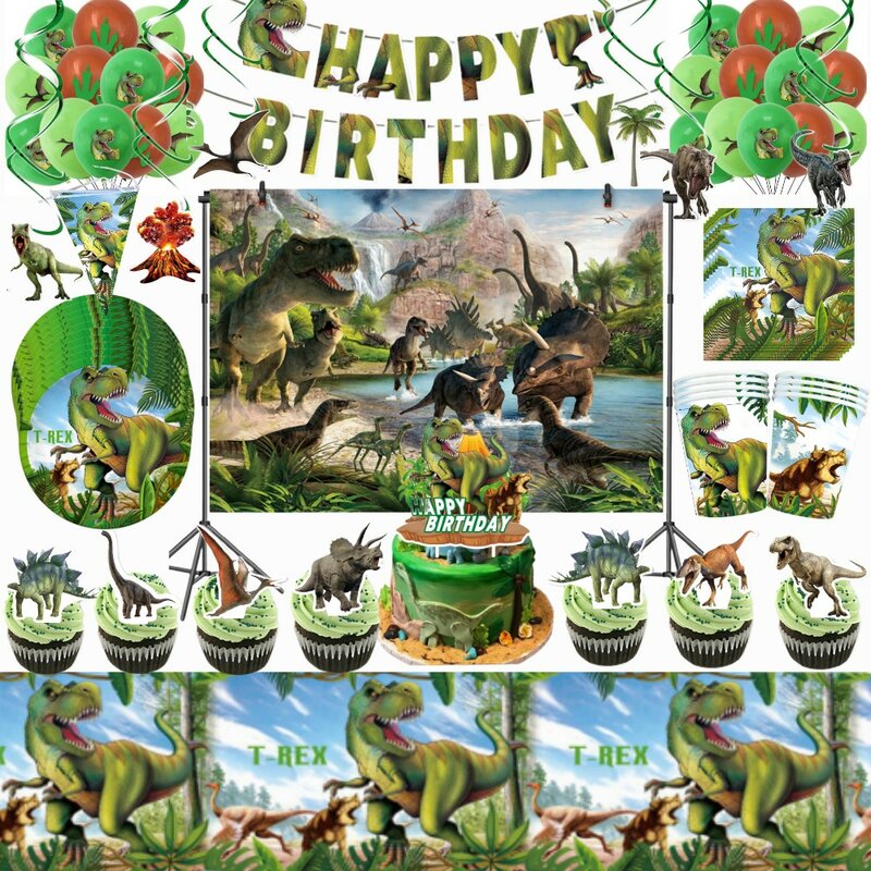 Decoraciones de fiesta de cumpleaños con temática de dinosaurio, pancartas, globos, bandera, Baby Shower, adornos para pasteles, mantel, favores para niños, suministros para fiestas