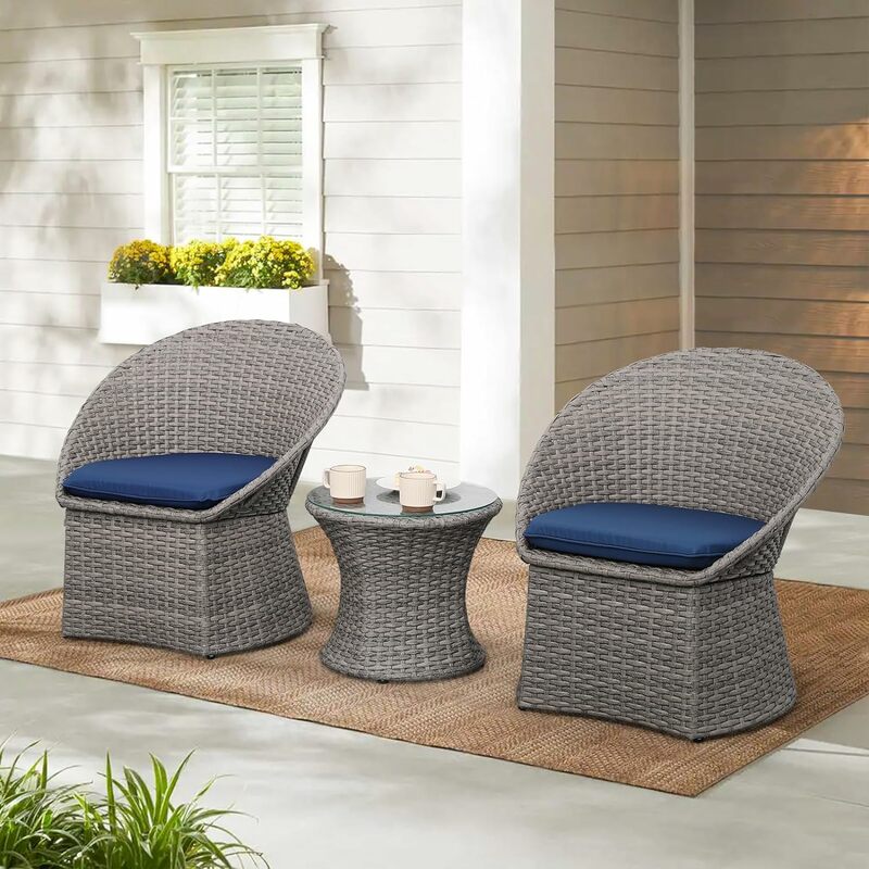 Juego de muebles de mimbre para exteriores, conjunto de sillas de conversación de ratán para porche, con cojines de color azul marino, 3 piezas