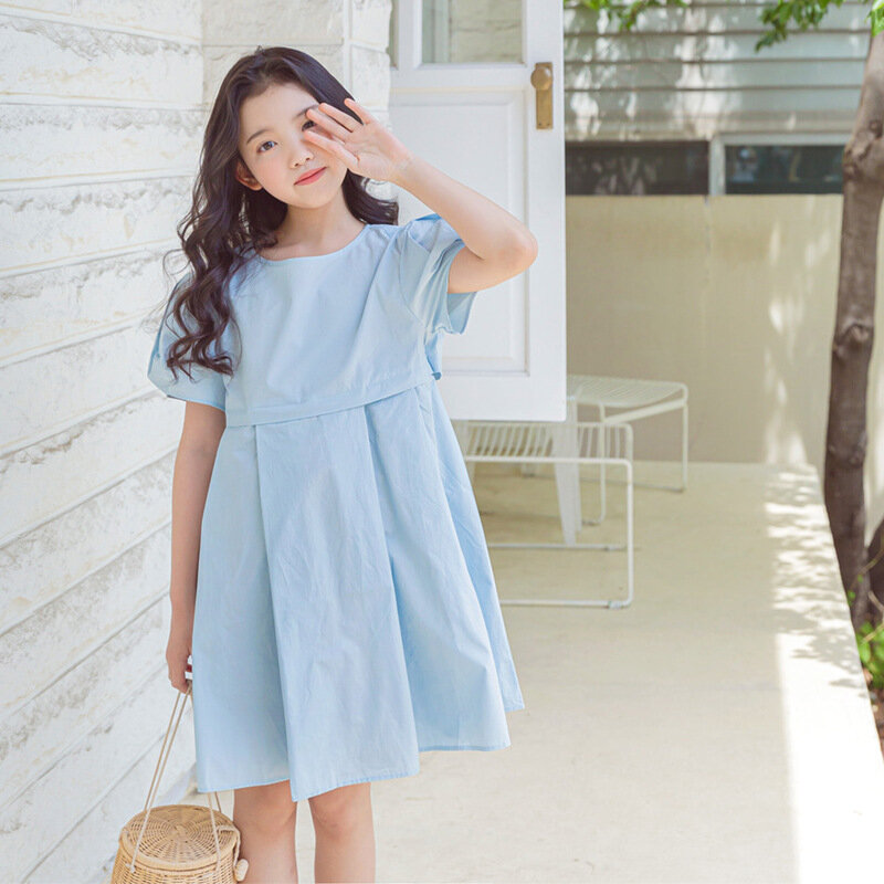 Girls Solid Color Pleated Dress New 2024 Summer Girl Super Fairy Princess Dress Casual Backless Children Dress