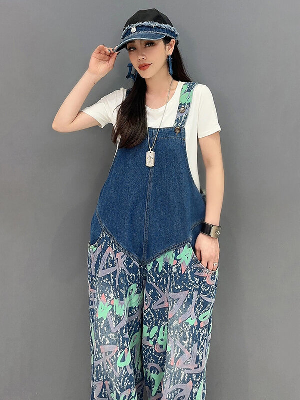 SHENGPALAE Fashion Women's Denim Overalls 2024 Spring New Loose Contrast Color Patchwork Printed Ankle Length Jumpsuits 5R9454