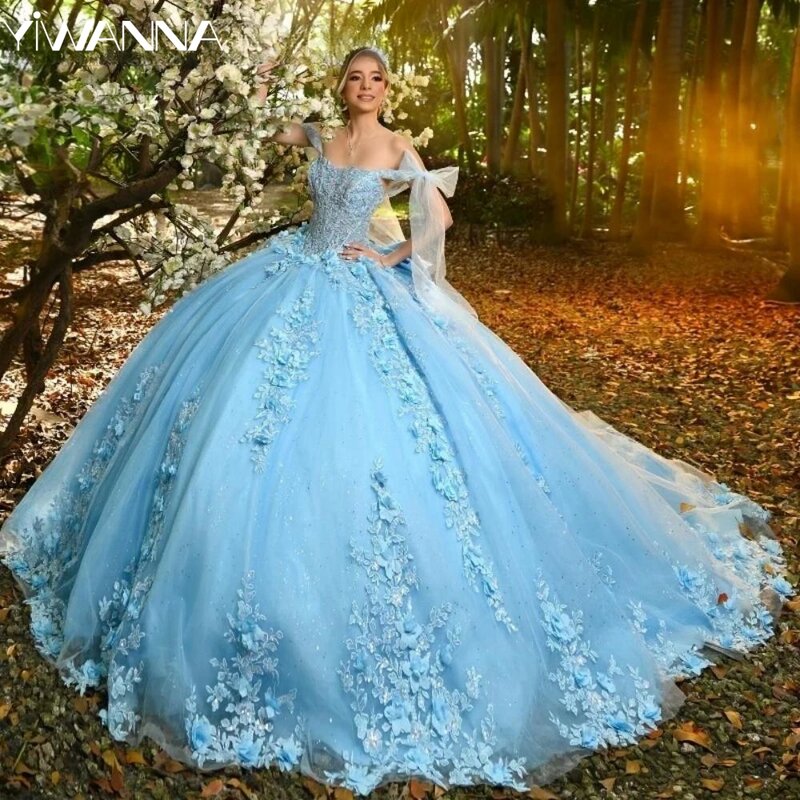 Glitter Sequins Quinceanrra Prom Dresses Charming Appliques 3D Flower Princess Long Off The Shoulder Sweet 16 Dress Vestidos