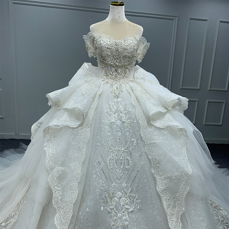 Elegant Novelty Wedding Dresses For Women 2024 Bride Ball Gown Organza Short Sleeves Lace Up Beading Bow Robe De Mariée MN208