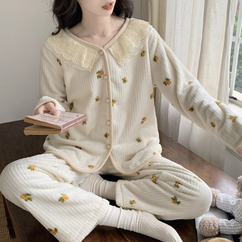 Женская Фланелевая пижама на осень и зиму, женский тонкий бархатный Кардиган с длинным рукавом, комплекты одежды для сна, теплая Домашняя одежда с принтом для отдыха