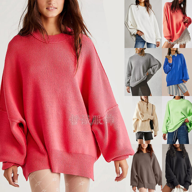 Camisola de manga comprida feminina com gola redonda, pulôver solto, malhas, nova moda, outono e inverno