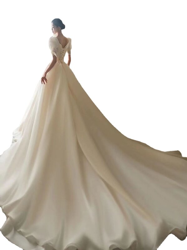 Robe de Mariée Élégante en Satin Blanc à Manches Courtes pour Femme, Nouvelle Collection Été ou Printemps 2024