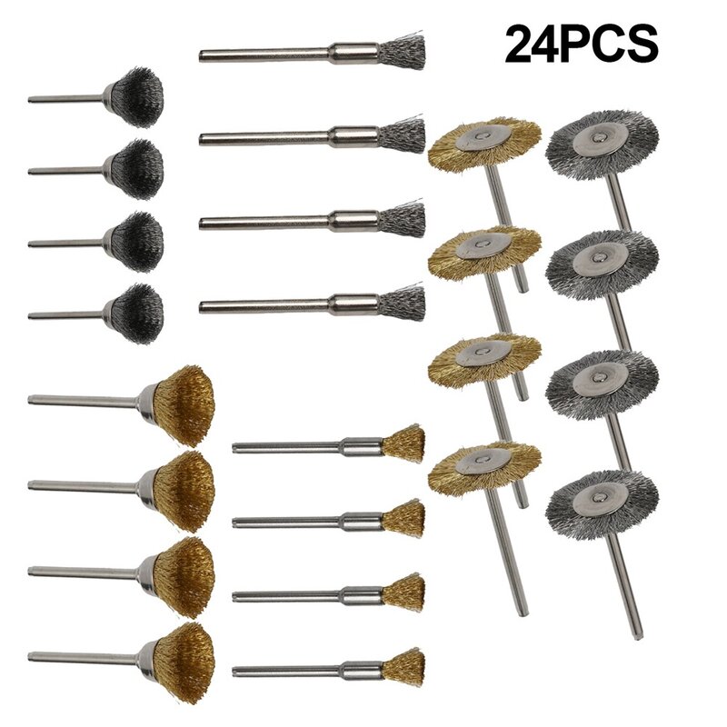 24Pcs Drill Brush Brass Steel Wire Wheel Cup Brushes 5/15/25mm Head 3mm Shank For Metal Rust Removal Polishing Rotary Tool Parts