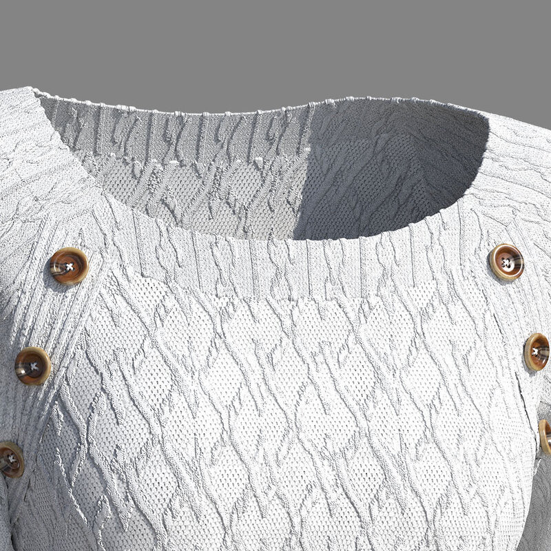 Plus Size Casual White Twist Knit Decorative Button Sweater