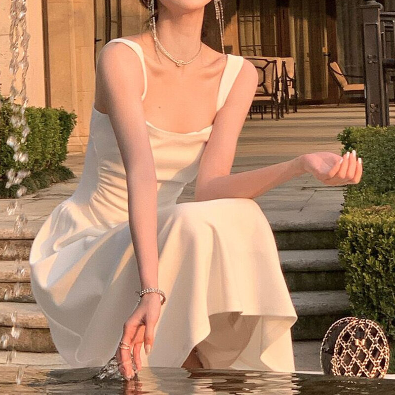 Elegante vestido Midi com cinta de espaguete feminino, laço com colarinho quadrado, roupa de casamento linha A, oco Vintage Maxi, verão, novo