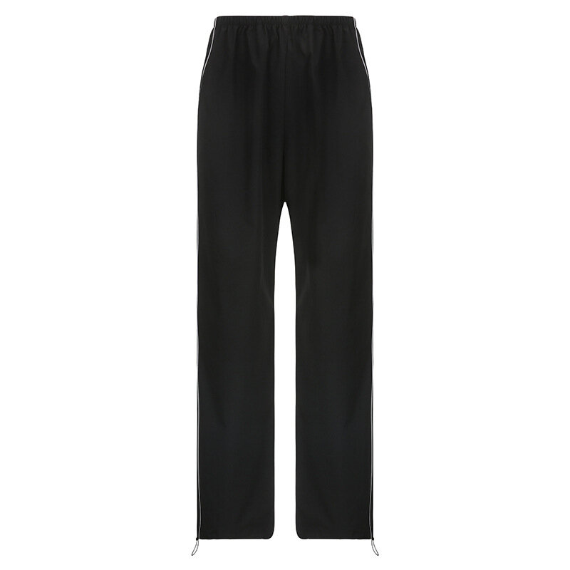 Calças de moletom pretas largas para mulheres, calças básicas de cintura baixa, patchwork lateral, calças de jogging, streetwear, capris estético Y2K