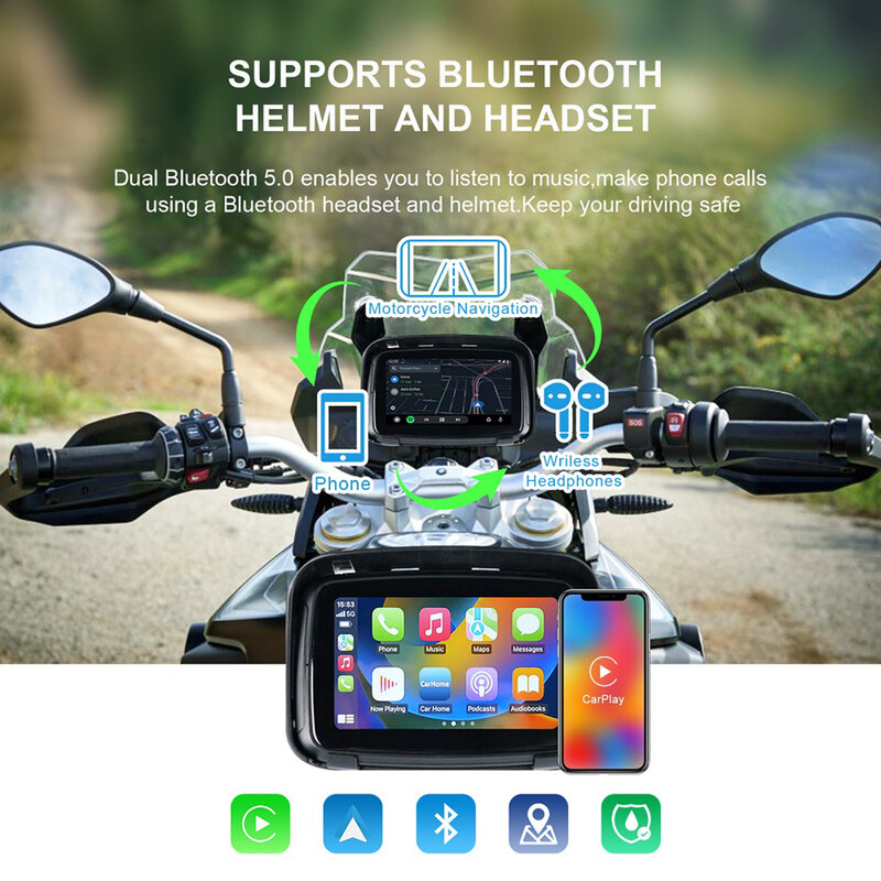 Navigateur spécial moto étanche IPX7, 5 pouces, écran 1000nit, prise en charge 5G, Wifi, touristes, Bluetooth, Carplay sans fil, Android, Auto
