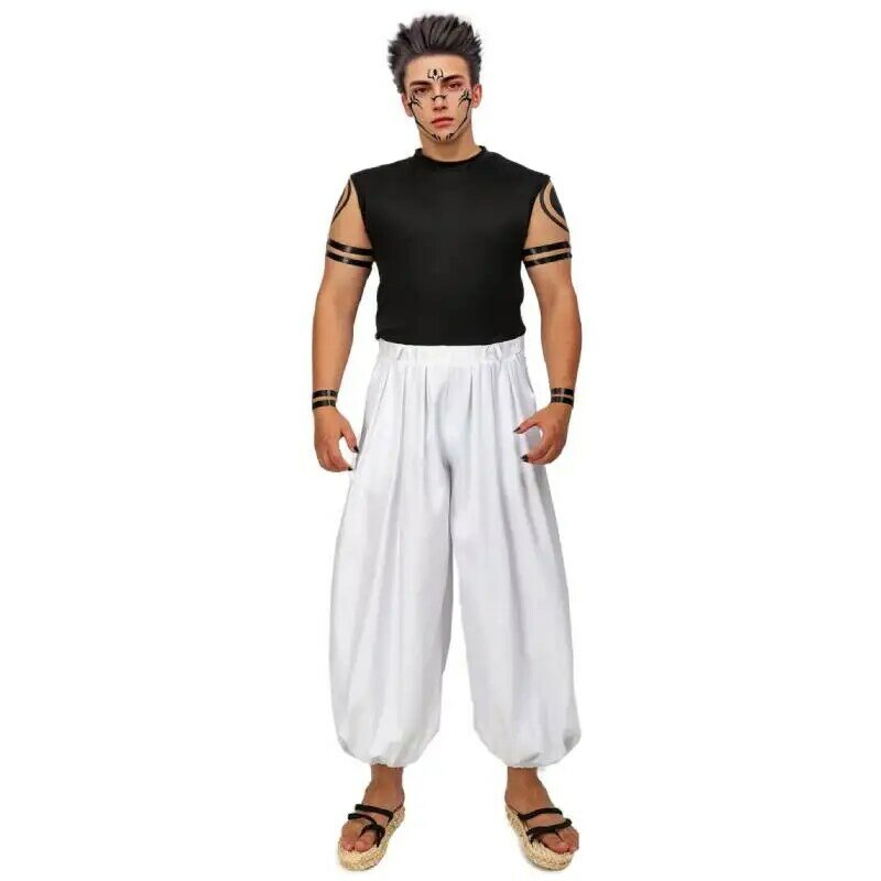 WENAM Men's US Size Ryomen Sukuna Cosplay Costume White Kung Fu Suit with Tattoo Stickers for Halloween Comic Con Outfits