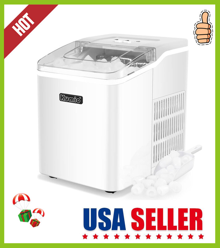KUMIO-Máquina de gelo de bancada com colher de gelo, máquina auto-limpante, portátil e silenciosa, 9 balas, pronta em 6-8 minutos, 26,5 lbs/24h